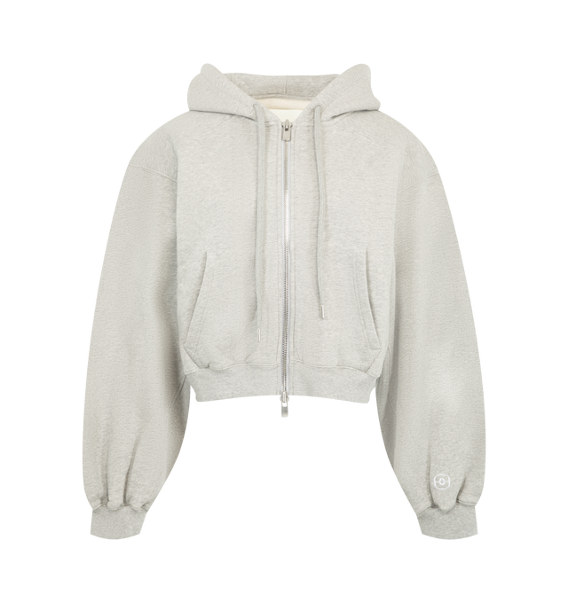 Image 1 of 2 - GREY - Radh Women's The Augustine Hoodie is crafted from washed organic cotton and features a softly rounded, cropped silhouette inspired by the brand's signature Scott Hoodie. Designed with sculptural detailing, this designer hoodie is finished with a two-way zip closure, a drawcord hood for an adjustable fit, and Radh emblem embroidery at the sleeve edge. Main Material: Organic Cotton.  