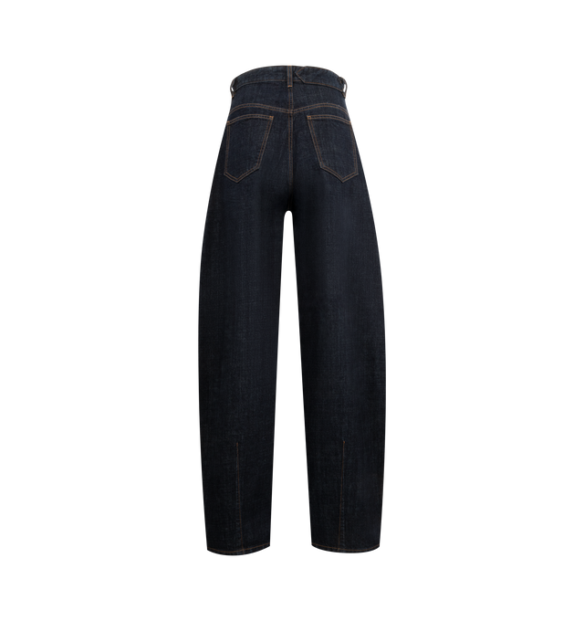 Image 2 of 3 - NAVY - JACQUEMUS Ovalo de-Nmes Denim Pants featuring high-rise, rinsed raw indigo denim, contrast stitching, belt loops, zip fly with engraved metal button, five pockets including ticket pocket, embroidered J on the hip, darts on the hip, long curved leg, embroidered patch on the back, back yoke and darts on the back hem. 100% cotton. Lining: 65% polyester, 35% cotton. Made in France. 