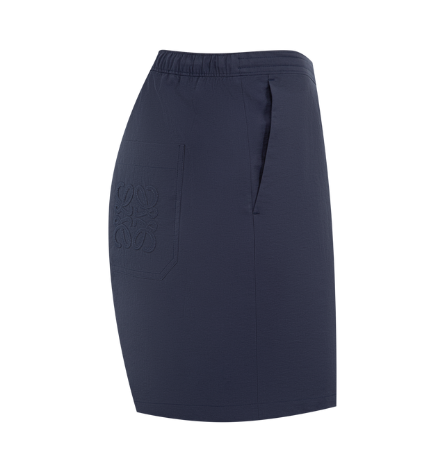 Image 3 of 3 - NAVY - LOEWE PAULA'S IBIZA Shorts in lightweight textured cotton blend poplin featuring regular fit, short length, mid waist, elasticated waist with drawstring, slash pockets, rear patch pockets and anagram crafty embroidery placed on the rear pocket. Cotton/polyamide. Made in Italy. 