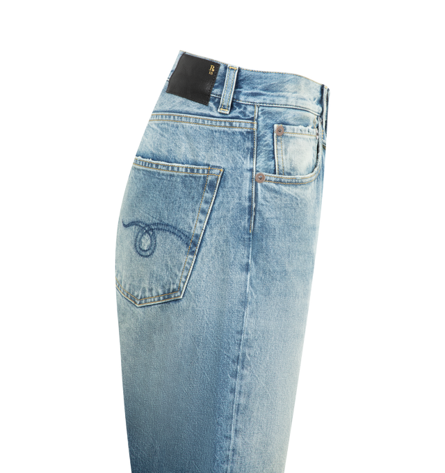 Image 3 of 3 - BLUE - R13 Cuffed X-BF Jeans featuring wide-leg non-stretch denim, fading, whiskering, and subtle distressing throughout, belt loops, five-pocket styling, zip-fly, folled cuffs and leather logo patch at back waistband. 92% cotton, 8% elastomultieste. 