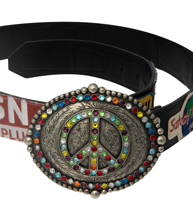 Image 2 of 3 - MULTI - SATOSHI NAKAMOTO Codex Patch Belt featuring  a vibrant patchwork design and a large peace sign buckle. 100% leather. 