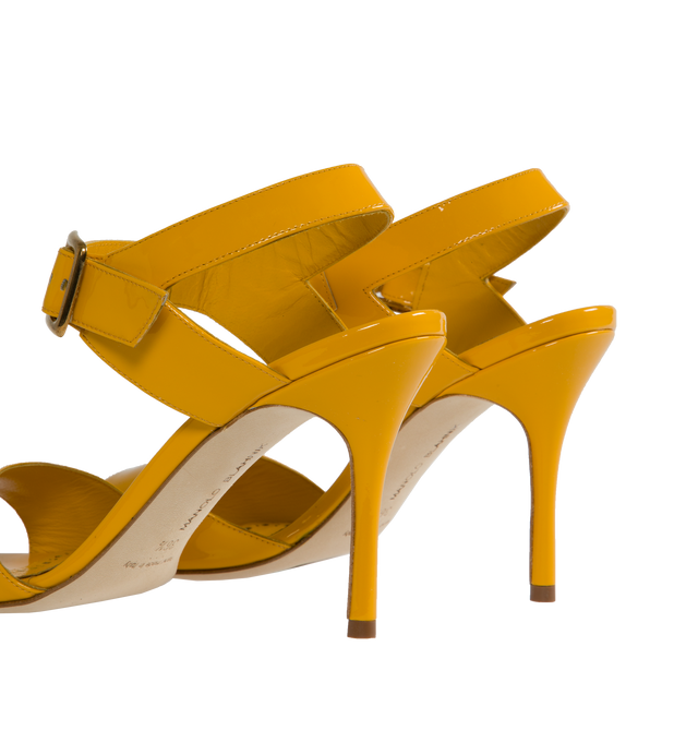 Image 3 of 4 - YELLOW - MANOLO BLAHNIK Fairu Slingback Sandals featuring patent leather open toe, ankle strap buckle closure and stiletto high heel. 100% calf patent. Sole: 100% calf leather. Lining: 100% kid leather. 90MM. Made in Italy. 