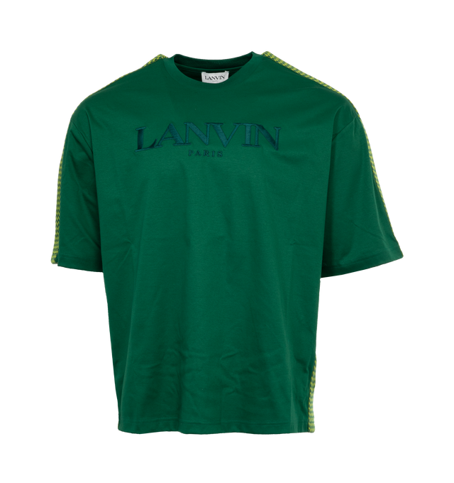 GREEN - LANVIN Side Curb Oversized Logo T-Shirt featuring tonal embroidered Lanvin logo across the chest, zig-zag stripe appliqu finishes the sleeves, crewneck, short sleeves and pulls over. 100% cotton. Made in Italy.