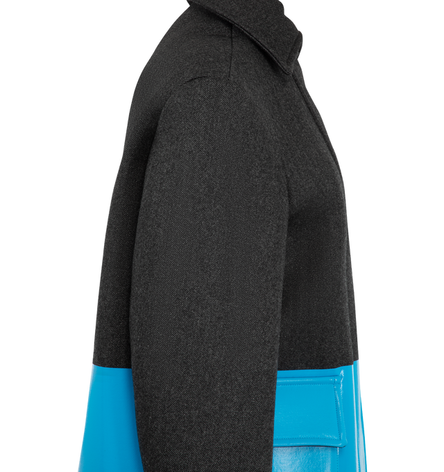Image 4 of 4 - BLUE - Loewe Women's Coat in Wool is crafted from medium-weight wool and features a foil-printed contrast hem with a detachable trompe loeil wool knit flap. Designed with a refined silhouette, the coat combines elevated craftsmanship with distinctive textural details for a modern interpretation of outerwear. Main Material: 73% wool 16% polyurethane 11% polyster.  