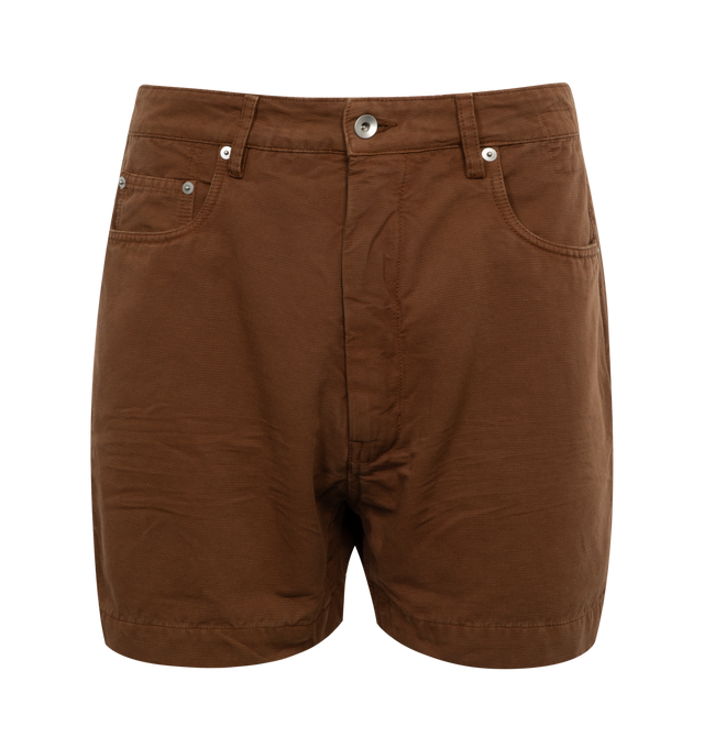 Image 1 of 3 - BROWN - RICK OWENS DRKSHDW Geth Cutoff Shorts featuring belt loops, five-pocket styling, zip-fly and short length. 100% cotton. 