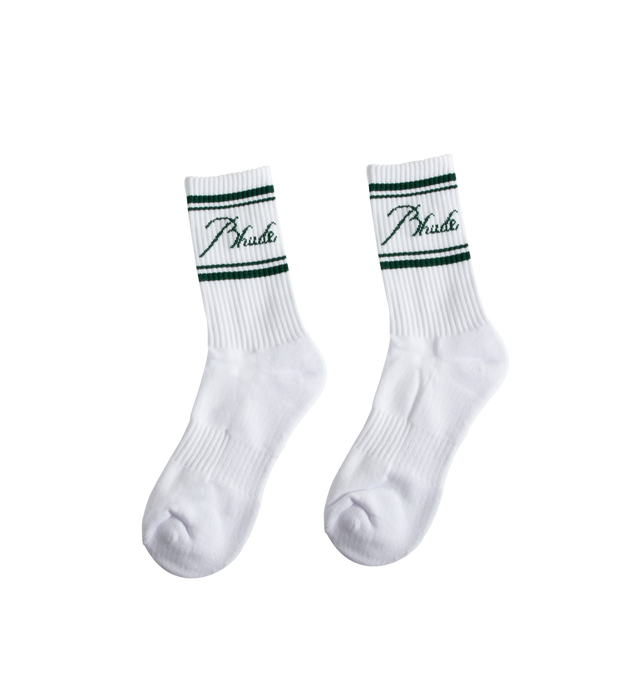 Image 2 of 2 - WHITE - RHUDE Script Logo Socks have ribbed tops with stripes and the brand name in script. 60% cotton, 20% nylon, 12% poly, 8% spandex. One size fits all.  