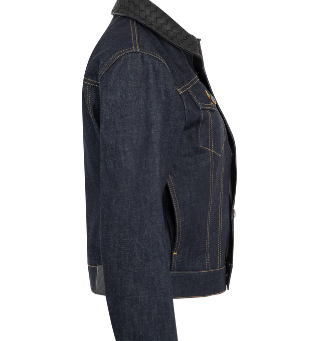 Image 3 of 3 - BLUE - Bottega Veneta Womens Denim Jacket is crafted from lightweight washed denim. Features a regular fit, button-front closure, Intrecciato suede back patch, point collar, and button cuffs. Main Material: Denim; Back Patch: Suede. Made in Italy. 