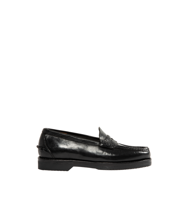 Image 1 of 4 - BLACK - Visvim Men's Fabro-Folk Leather Loafers are crafted from Italian vegetable-tanned horsehide and feature a minimalist penny loafer silhouette with hand-sewn construction and Goodyear-welted detailing. Designed with a pigment-free leather lining, natural cork insole, leather welt and midsole, and a Vibram outsole for lasting comfort, durability, and resoling capability. Main Material: Italian Vegetable-Tanned Horsehide. Lining: Pigment-Free Leather. Insole: Natural Cork. Midsole: Leathe 