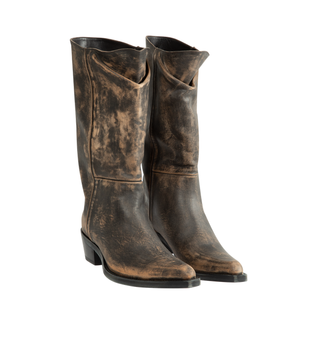 Image 2 of 4 - BROWN - Khaite Women's Clive Boot is crafted from vintage vacchetta calf leather and features a sharp snip-toe silhouette inspired by well-worn Western classics. Defined by a deliberately tilted shaft, the design is rendered in hand-worked, vegetable-tanned calfskin brushed to develop a rich patina over time. A stitched welt and stacked leather heel complete the distinctive construction. Main Material: 100% Calf Leather. Upper: Vegetable-Tanned Calfskin. Heel Height: 2.5 cm / 1 in. Toe: Snip  
