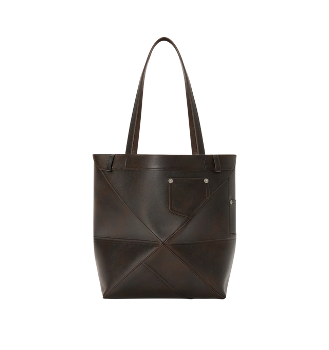 Image 2 of 4 - BROWN - LOEWE Panta Medium Puzzle Fold Tote featuring lightweight geometric structure designed to fold completely flat. This medium version is crafted in vintage-finish shiny calfskin with denim trousers-inspired details, shoulder or hand carry, suede lining and silver embossed LOEWE. Shiny calf. 31.5 cm x 25.5 cm x 14.5 cm. Made in Spain. 