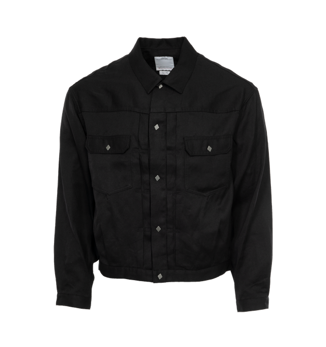 BLACK - VISVIM Trucket Jacket featuring snap flap chest pockets, snap closure, diamond shaped snaps, pleated front, button cuffs and zippered side seam pockets. 64% linen, 36% wool. Made in Japan.