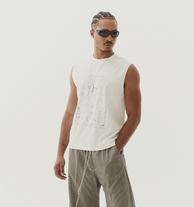 Image 2 of 3 - WHITE - RICK OWENS SL Brad T featuring relaxed fit, crew neck, sleeveless, graphic print at front and rolled raw hem at armholes. 100% cotton. Made in Italy 
