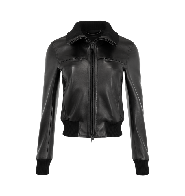 Image 1 of 3 - BLACK - Balenciaga Women's High-Collar Fitted Jacket is crafted from supple calf leather and features a sleek fitted silhouette with a signature high collar. Designed with rib-knit trim throughout, this streamlined jacket is detailed with zip-fastening chest pockets, a front zip closure, rib-knit cuffs and hem, and a debossed Balenciaga logo at the chest. Main Material: 100% Calf Leather. Trims: 100% Fabric. Collar: High Rib-Knit Collar. Made in Italy. 