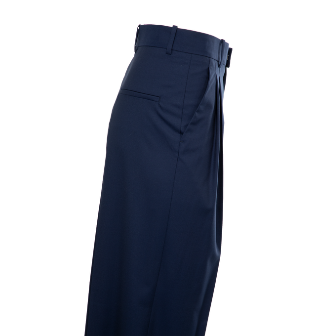 Image 3 of 3 - BLUE - ARMARIUM Giorgia Trousers featuring high-waist, belt loops, two side slit pockets, pleat detailing, two rear welt pockets, wide leg and concealed front button, hook and zip fastening. 100% wool. 
