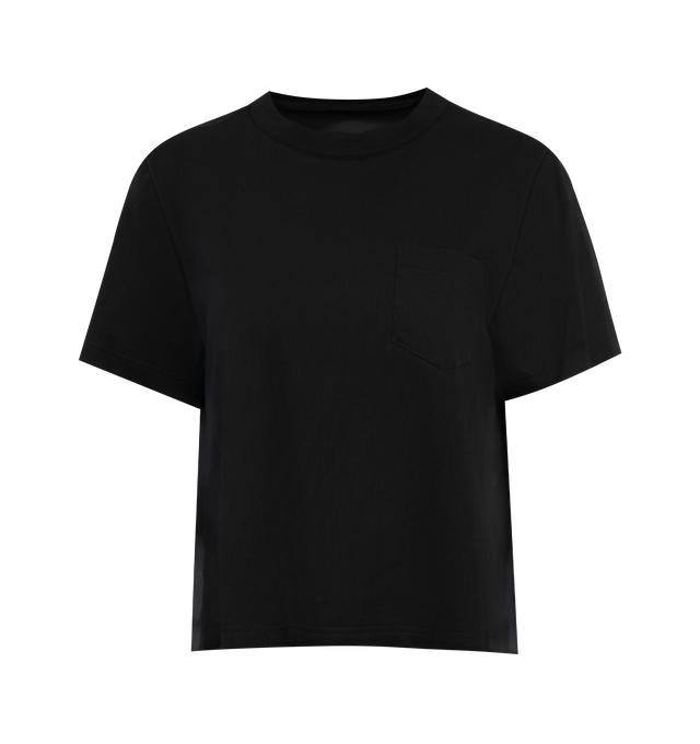 Image 1 of 2 - BLACK - SACAI Boxy Jersey Nylon T-Shirt featuring crew neckline, short sleeves, chest patch pocket, boxy fit, back yoke, box pleat and pullover style. Cotton/nylon/polyamide. Made in Japan. 