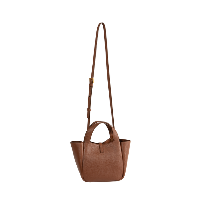 Image 2 of 3 - BROWN - Saint Laurent Women's LE 5  7 Baby Bea Bag is crafted from grained deerskin leather and features a compact version of the house's iconic LE 5  7 Bea silhouette. Designed with a signature YSL 'CASSANDRE' hook closure, top handle, and an adjustable, detachable crossbody strap, this versatile style can be carried by hand or worn crossbody. The interior is lined in tonal suede and finished with bronze-tone brass hardware. Main Material: Deerskin Leather. Lining: Suede. Hardware: Bronze-To 