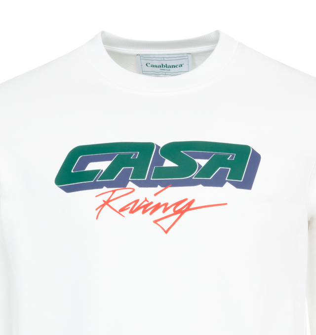 Image 2 of 2 - WHITE - CASABLANCA Casa Racing 3D Sweatshirt featuring french terry, rib knit crewneck, hem, and cuffs, logo graphic printed at chest and intarsia stripes at hem and cuffs. 100% organic cotton. Made in Portugal. 