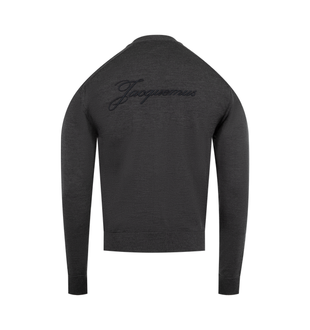 Image 2 of 2 - GREY - JACQUEMUS Le Cardigan Brode Cardigan featuring knit merino wool and nylon blend cardigan, rib-knit Y-neck, hem, and cuffs, button closure and logo embroidered at back. 96% merino wool, 4% polyamide. Made in Portugal.  