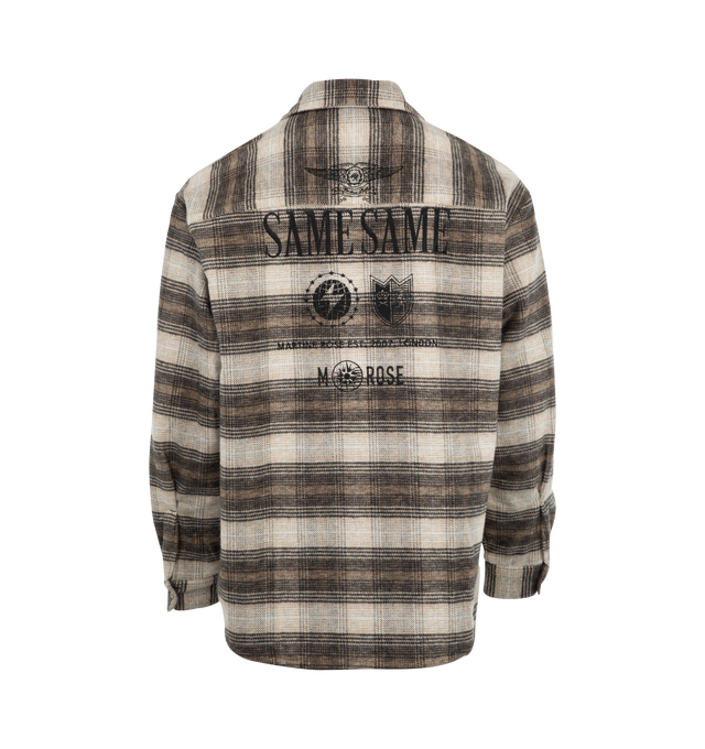 Image 2 of 4 - BROWN - Martine Rose Plaid Overshirt has a fold-down collar, a front button closure, embroidered artwork on the chest and the back, and button cuffs.  