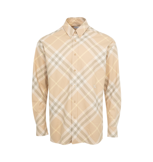 Image 1 of 2 - BROWN - BURBERRY Check Cotton Shirt featuring oversized fit, button closure, single-button cuffs, curved hem and Embroidered Equestrian Knight Design. 100% cotton.