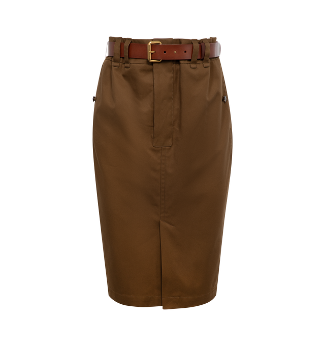 Image 1 of 3 - BROWN - SAINT LAURENT Pencil Skirt featuring front slit, back flap pockets, cotton lining, button fly, belt loops and removable pin buckle leather belt. 100% cotton. Made in Italy.  