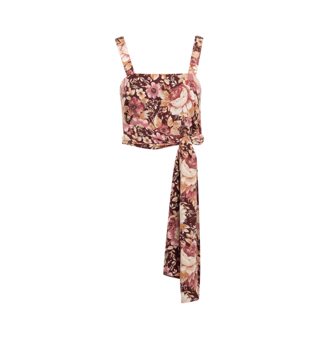 Image 1 of 2 - PINK - CHLOE Cropped front-tie tank top in crpe de chine featuring a roses print, square neckline and long ties knotted at the front. 100% silk. 