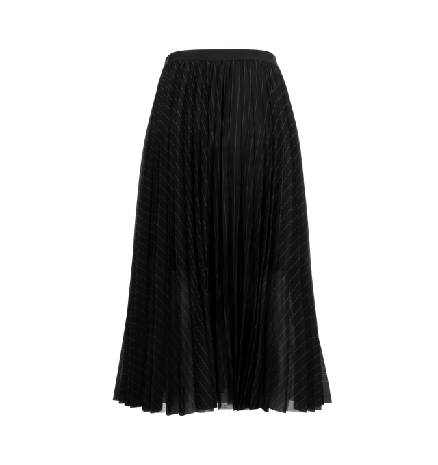 Image 2 of 2 - BLACK - SACAI High Twist Voile Skirt featuring adjustable belt, midi length, pleated, two back welt pockets and pinstripes throughout. 100% cotton. 