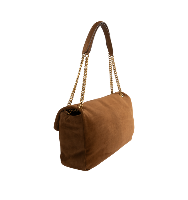 Image 2 of 4 - BROWN - SAINT LAURENT Calypso XXL Bag featuring envelope flap, padded suede, sliding curb-chain strap, grosgrain lining, bronze-tone hardware, magnetic closure and one zip pocket. 15" x 8.3" x 3.9". Calfskin. Made in Italy. 