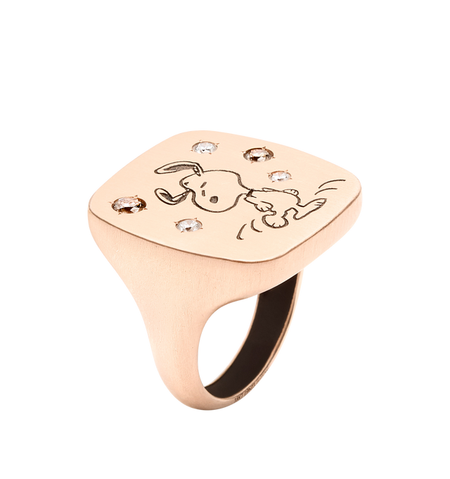 Image 3 of 4 - GOLD - LIZWORKS X PEANUTS Jazz Snoopy Rose Gold Square Face Ring featuring18k rose gold ring with 3 white diamonds, 2 brown and chocolate brown enamel. 22 mm x 23 mm. Hirshleifers offers a range of initial pieces from this collection in-store. For personal consultation and detailed information about jewelry, please contact our dedicated stylist team at personalshopping@hirshleifers.com. This item may be restricted for online purchase to international clients. For assistance purchasing this it 