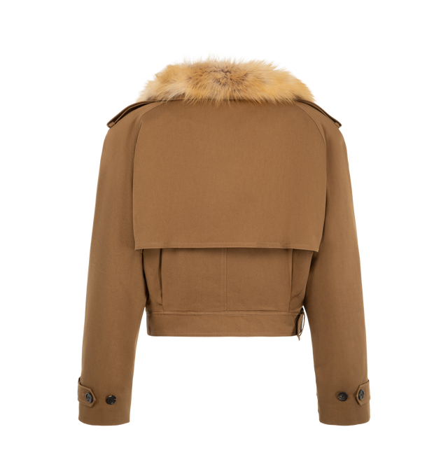 Image 2 of 3 - BROWN - Saint Laurent Women's Shearling-Trimmed Trench Coat is crafted from cotton gabardine and lamb shearling and features a slightly loose silhouette with wide lapels, a button-front closure, and contrasting shearling trim. From the Fall/Winter 2026 collection, this hybrid trench combines classic tailoring with plush texture, featuring a shearling-lined interior, cropped hem detailing, and added warmth for colder weather. Main Material: 50% Cotton, 50% Lambskin.  *This item may be restrict 