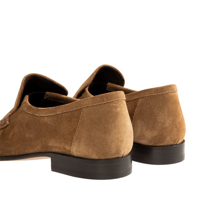 Image 3 of 4 - BROWN - THE ROW Soft Moccasin Two featuring moccasin loafer in soft calfskin suede with oval toe, topstitched front detailing with natural pleating effect and stacked leather heel. 0.8 in. heel. 100% calfskin suede. Lined in 100% goatskin leather. Calfskin leather sole. Made in Italy. 