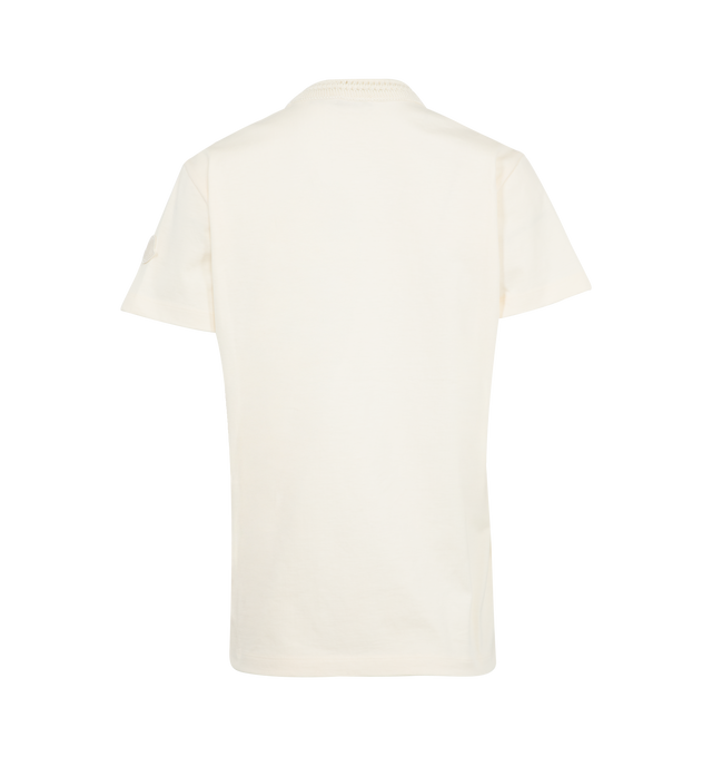 Image 2 of 3 - WHITE - MONCLER Crochet Accent Cotton T-Shirt featuring cotton jersey, crochet crew neck and short sleeves. 100% cotton. Made in Turkey. 