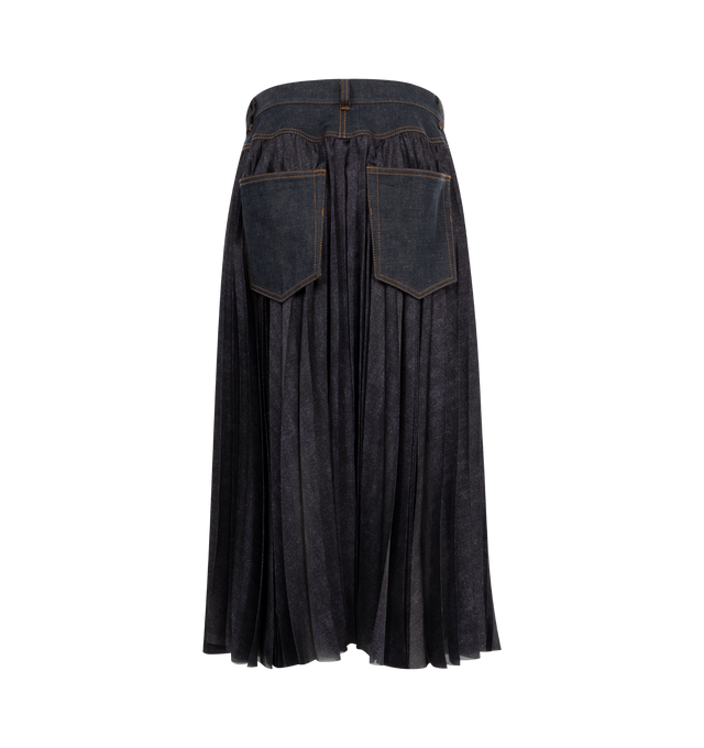 Image 2 of 3 - NAVY - Sacai Women's Denim Mix Skirt in midi length with pleating all-around, denim belted waistband and back pockets. Polyester with cotton denim trim and Cupro lining. Made in Japan. 