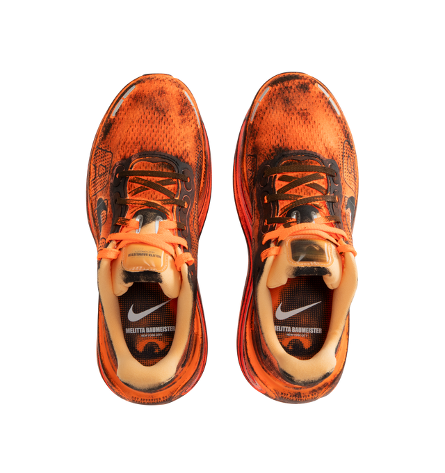 Image 5 of 5 - ORANGE - NIKE Vomero Premium x Melitta Baumeister Sneaker featuring upper with a flaming orange hue, layered with heavy black distressing for a crinkled, heat-treated look on every panel, enlarged AIR lettering and black Swoosh. 