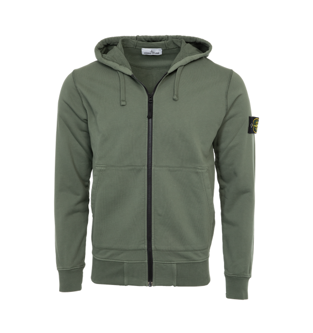 GREEN - STONE ISLAND Zip Hoodie featuring drawstring at hood, zip closure, rib knit hem and cuffs and detachable logo patch at sleeve. 100% cotton. Made in Turkey.