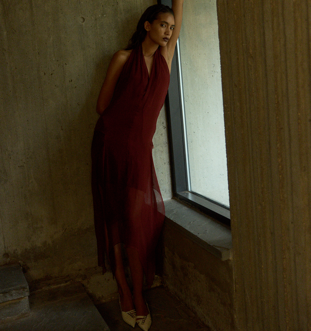 Image 3 of 3 - RED - FERRAGAMO Georgette Dress featuring organic silk creponne dress, halter neckline with a deep V-slit along the back, drapery that cascades at the hips to create an asymmetrical hem with handkerchief tips. The removable tonal slip dress is optional. 100% organic silk. 