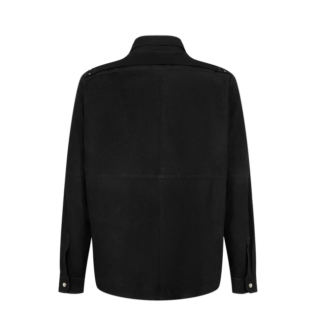 Image 2 of 2 - BLACK - Rick Owens Mens Outershirt is crafted from technical duchesse satin. Features a boxy fit, hip-length silhouette, classic collar, snap-front closure, snap cuffs, beveled side seams, two flap chest pockets, signature level shoulder seams, cotton webbing strap with rivet detail at the back yoke, and double topstitching. Main Material: 100% Recycled Polyester; Inside Pockets: 97% Cotton, 3% Elastane. Made with GRS-certified recycled polyester. Made in Italy. 