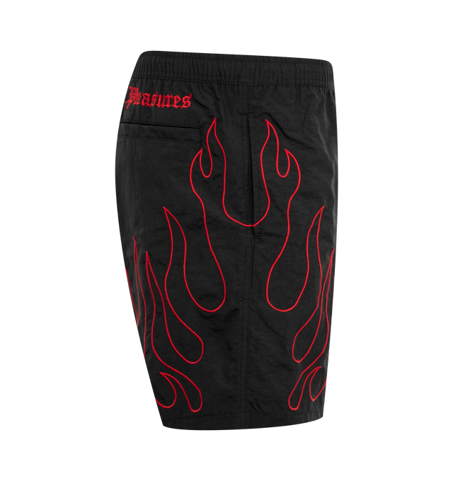 Image 3 of 3 - BLACK - PLEASURES Fiery Running Shorts featuring two pockets at sides, single slit pocket at back, embroidered flame prints at front and back, embroidered logo text at back and elastic waist.  