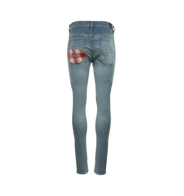 Image 2 of 3 - BLUE - Amiri MA Quad Plaid MX1 Jeans are a 5-pocket style with a button fly, fading, whiskering, flannel underlay patches, contrast stitching, and a logo patch at the back. 92% cotton, 6% elastomultiester, 2% elastane. Made in USA. 