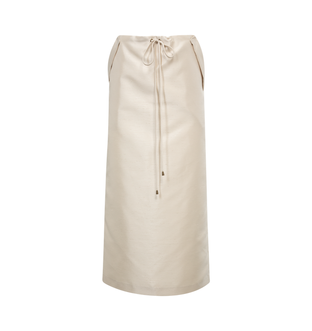 WHITE - ROSIE ASSOULIN Easy Straight Skirt featuring drawstring waist, 2 side slit pockets and 2 pack flap pockets, maxi length and back slit. 100% polyester. 