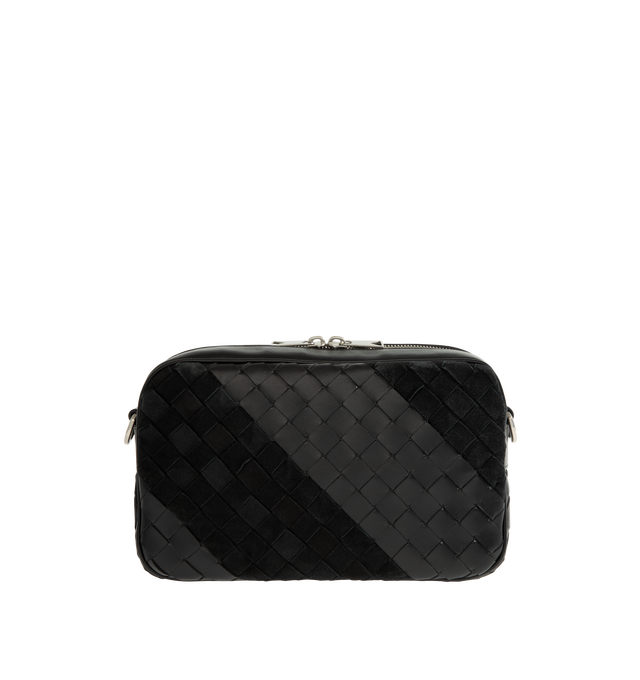 Image 1 of 3 - BLACK - Bottega Veneta Small Intrecciato Crossbody Bag is crafted from Intrecciato leather and suede and features a contrasting striped pattern, a detachable shoulder strap, a metal D-ring, and a zip-top closure. Designed with a canvas-lined interior and a flat pocket for organization, this compact style offers everyday versatility in a signature woven construction. Main Material: Intrecciato Leather and Suede. Lining: Canvas. Hardware: Silver Finish. Dimensions: 24.5 x 15 x 6 cm / 9.6 x 5.9  