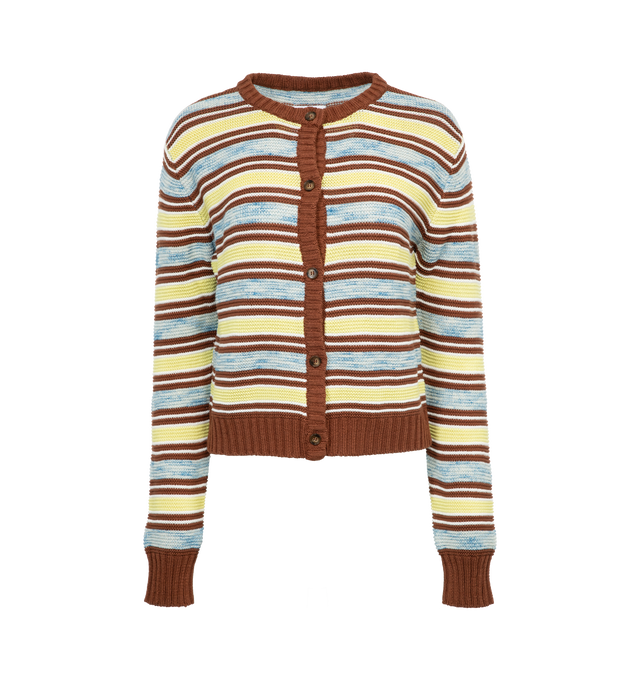 Image 1 of 2 - BROWN - ROSIE ASSOULIN Striped Crewneck Cardigan featuring knit texture, ribbed trim, striped throughout and button front closure. 100% cotton. Made in Italy. 