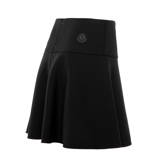 Image 3 of 3 - BLACK - MONCLER Neoprene Lined Flared Mini Skirt featuring high-rise waistband, neoprene lined, tonal back logo patch, hem falls above the knee, circle-cut silhouette and center back zipper. 100% viscose. Made in Italy. 