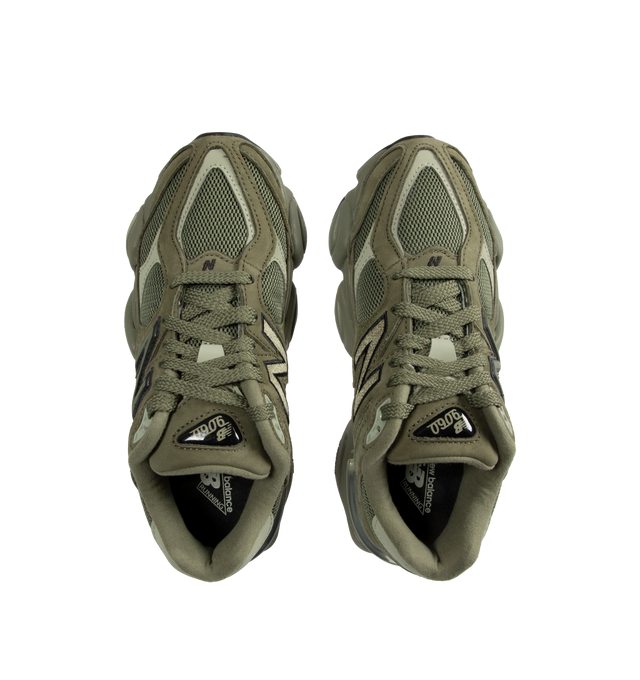 Image 5 of 5 - GREEN - New Balance 9060 Sneakers are a lace-up style with pigskin and mesh details, dual-density midsoles with ABZORB and SBS cushioning, translucent CR devices at the heels, and diamond pattern outsoles.  