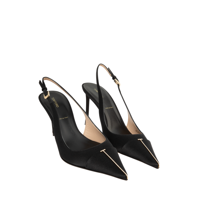 Image 2 of 4 - BLACK - Tom Ford Womens Thea Slingback Pumps are crafted from satin with Swarovski crystal embellishments. Feature a pointed toe with signature pale gold-tone T metal detail, adjustable slingback strap, stiletto heel, and leather sole. Heel Height: 8.5 cm. Main Material: 68% Viscose, 32% Silk; Embellishment: Swarovski Crystals; Sole: Leather. Made in Italy. 
