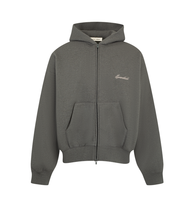 Image 1 of 2 - GREY - Fear of God ESSENTIALS Men's Signature Classic Zip Up Hoodie is crafted from heavyweight 380 GSM cotton-blend fleece and features a classic relaxed-fit silhouette with a full-zip front closure and double-layer hood. Designed with the ESSENTIALS signature logo in puff-print across the back, this elevated everyday essential is finished with rib-knit cuffs and hem, a split kangaroo pocket, and signature ESSENTIALS labels at the hood and cuff. Main Material: 80% Cotton, 20% Polyester Fleec 