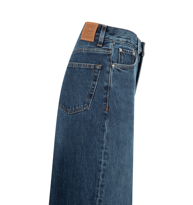 Image 3 of 3 - BLUE - TOTEME Wide Leg Denim featuring high waistline and long, wide legs that are press-creased, belt loops, five pockets and zipper fly. 100% cotton organic. Made in Italy. 