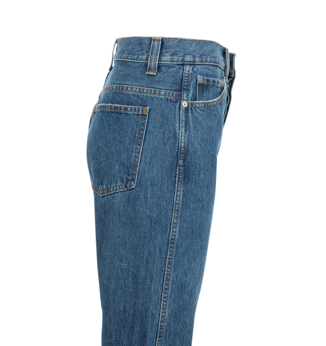 Image 3 of 3 - BLUE - Khaite Corben Jean designed to sit just below the natural waist, this straight-fitting silhouette has a dropped rise and an embossed button of antiqued nickel. Stretch indigo denim (100% cotton). 