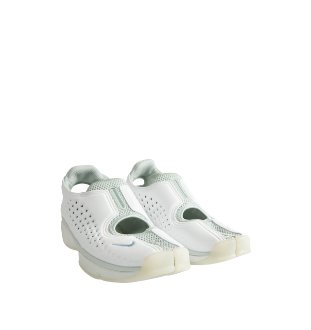 Image 2 of 5 - WHITE - Nike Women's Rift 2 Sneakers feature a padded neoprene and mesh upper with the iconic split-toe construction for a distinctive, sport-inspired silhouette. Designed for easy slip-on wear, these sneakers feature a cushioned footbed, antimicrobial sockliner, fabric lining, and lightweight foam midsole for added comfort. Finished with a durable rubber sole, the Rift 2 combines Nike's signature natural-motion-inspired design with everyday functionality. Upper: Neoprene and Mesh. Lining: Fa 