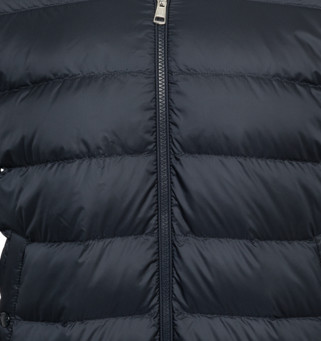 Image 3 of 3 - NAVY - MONCLER Padded Cardigan featuring a wool blend and nylon extra lger, down-filled, nylon hood, zip front closure, pockets with snap button closure and logo. 100% polyamide/nylon. 50% acrylic, 50% wool. Padding: 90% down, 10% feather.  